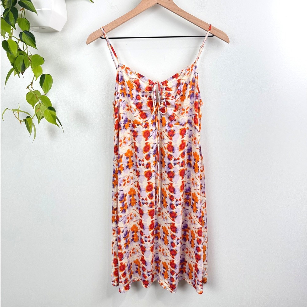Aerie Floral Mini Dress Orange Purple Abstract Keyhole Smocked L Boho Festival